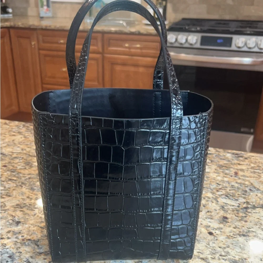 Authentic Balenciaga XXS Shopping Tote Black Croc-Embossed Leather